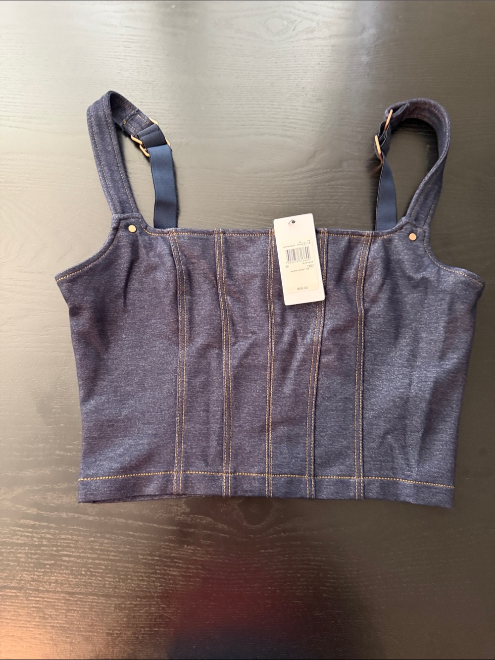 Guess - Celine Structured Denim-Look Navy Corset Crop Top